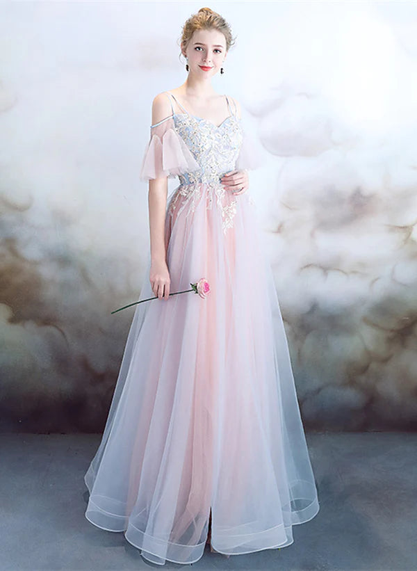 A-line Off Shoulder Tulle Pink with Lace Applique Party Dress